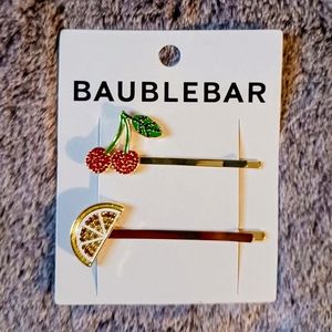 BaubleBar Anika Gold Hair Pin 2 Piece Set Sparkly Cherry Lemon Rhinestones *NWTs